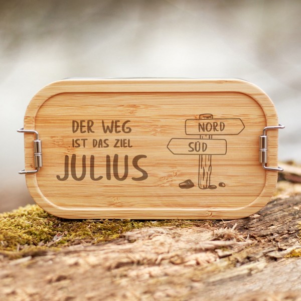 Lunchbox mit Bambusdeckel Wanderrute Wegweiser mit Namen - Zero Waste