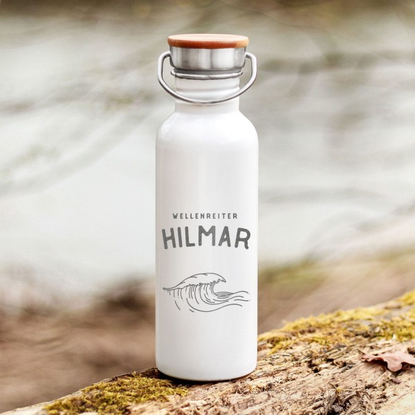 Trinkflasche Edelstahl mit Bambusdeckel Welle Meer Outdoor mit Namen - Zero Waste