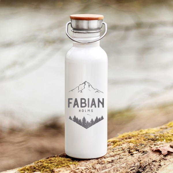 Trinkflasche Edelstahl mit Bambusdeckel Berge und Wälder Outdoor mit Namen - Zero Waste