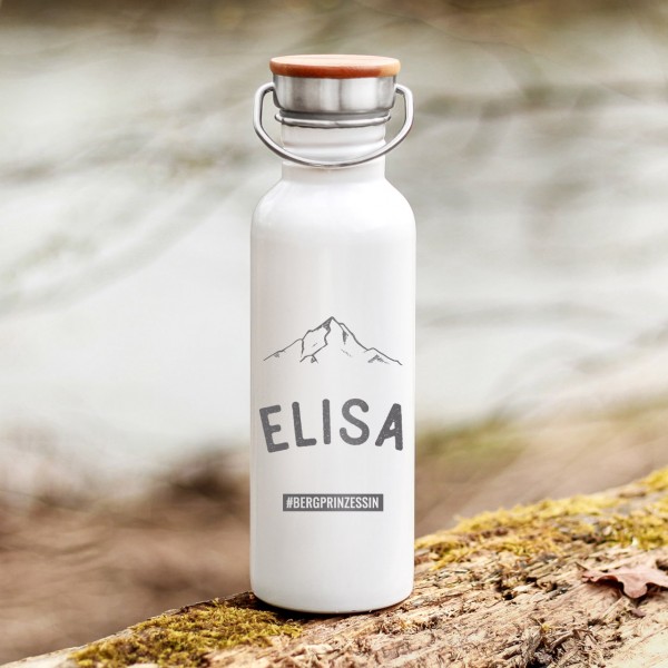 Trinkflasche Edelstahl mit Bambusdeckel Berge Outdoor mit Namen - Zero Waste